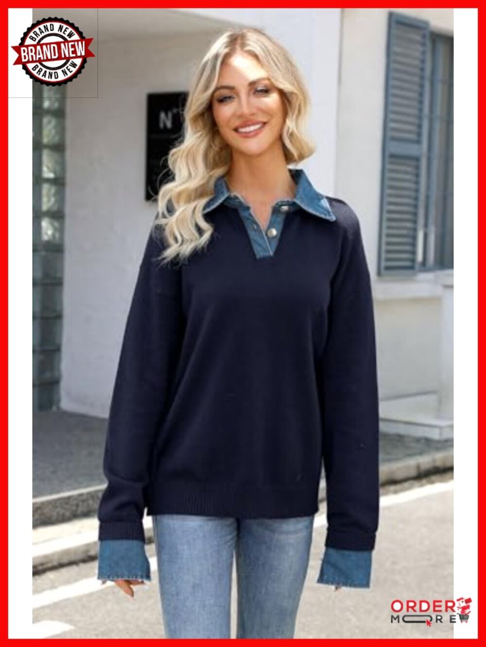 Oversized V-Neck Collared Button Pullover Sweater - Picture 3 of 6
